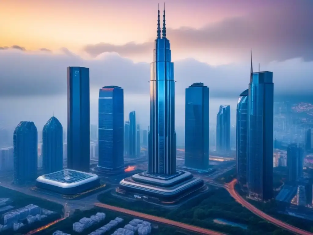 Metrópolis futurista: automatización en gestión inmobiliaria Un paisaje urbano futurista con rascacielos automatizados, integrando la automatización en la gestión inmobiliaria