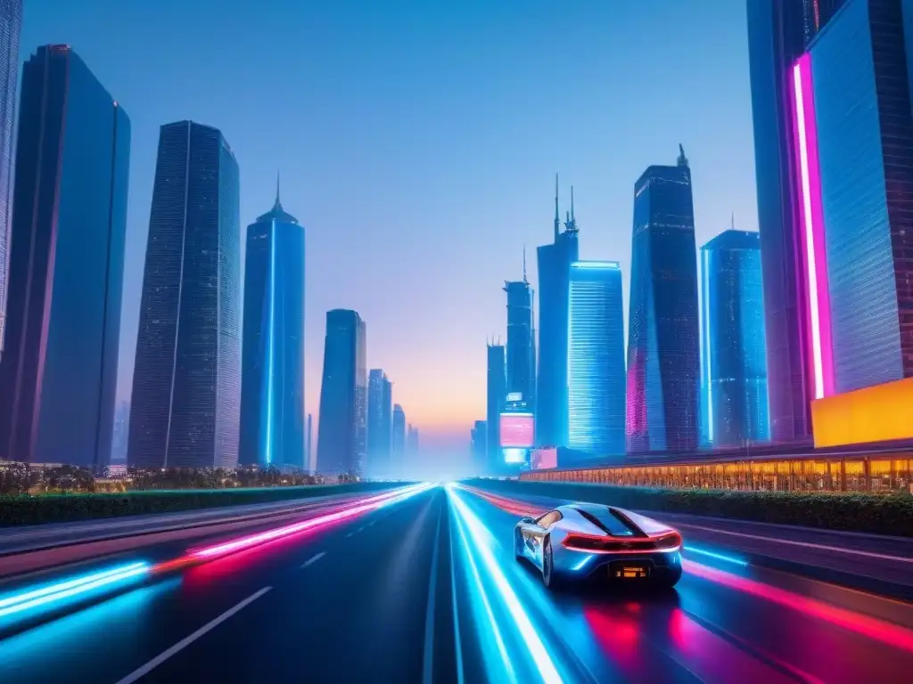 Inversión inmobiliaria online: ciudad futurista al anochecer Un paisaje urbano futurista al anochecer con rascacielos elegantes, luces de neón y autos voladores