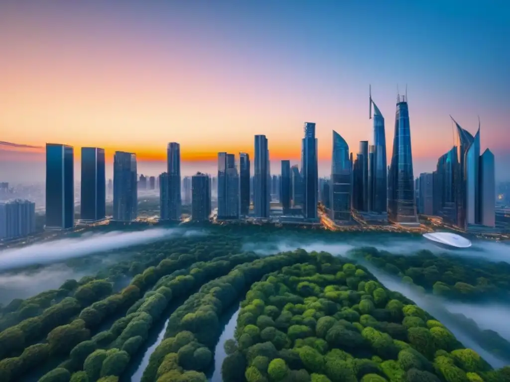 Skyline futurista: tecnología inmobiliaria innovadora Un paisaje urbano futurista con rascacielos altos y modernos, rodeado de vegetación exuberante y edificios interconectados