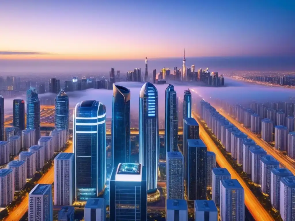Metrópolis futurista: automatización en la gestión inmobiliaria Un paisaje urbano futurista al anochecer, con rascacielos elegantes, drones y autos autónomos