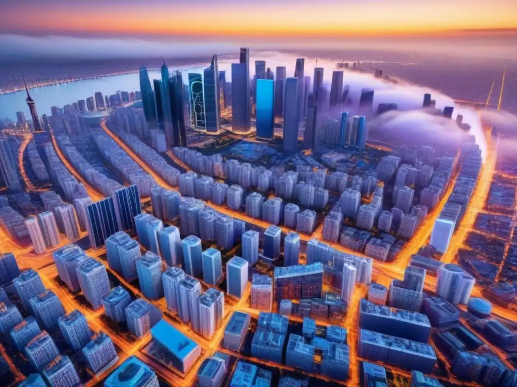 Horizonte futurista: ciudad innovadora al atardecer Un paisaje urbano futurista con rascacielos innovadores bañados por la luz cálida del atardecer