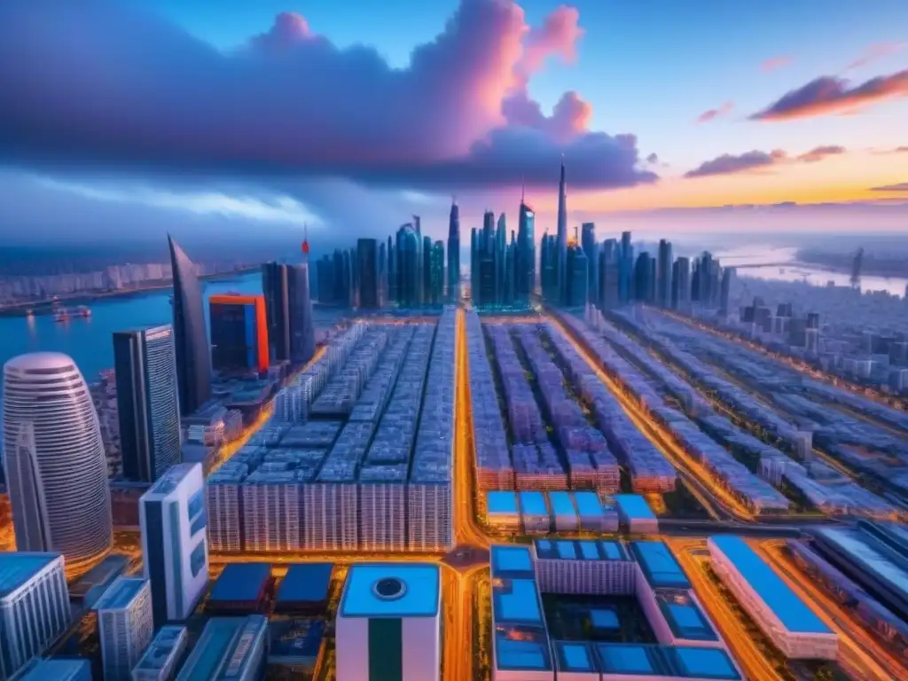 Skyline futurista: Ciudad inteligente con IA, coches autónomos y drones Un paisaje urbano futurista con rascacielos inteligentes y tecnología AI, autos autónomos y drones