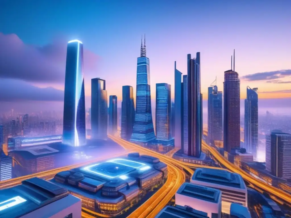 Metrópolis futurista: inversores y desarrolladores AI en acción Un paisaje urbano futurista con rascacielos y sistemas de transporte avanzados, iluminado por luces de neón y pantallas holográficas