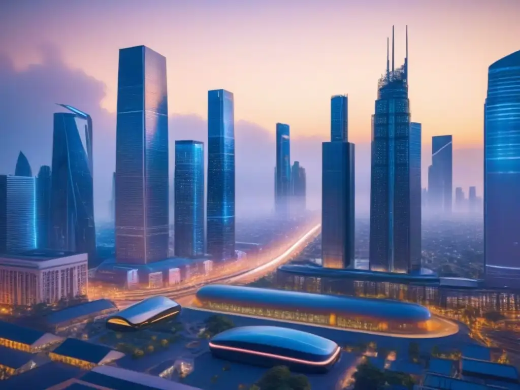 Metrópolis futurista: ciudad inteligente con IA y tecnología avanzada Un paisaje urbano futurista al anochecer con rascacielos iluminados y vehículos autónomos