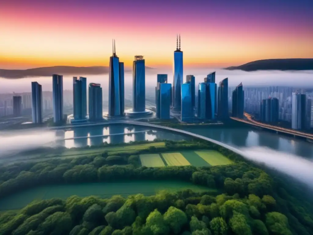 Metrópolis futurista: tecnología avanzada en armonía con la naturaleza Un paisaje urbano futurista con rascacielos modernos, rodeado de vegetación y tecnología inteligente