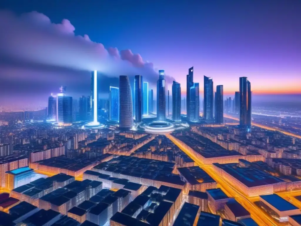 Metrópolis del futuro: IA revoluciona la búsqueda inmobiliaria Un paisaje urbano futurista con rascacielos y edificios de alta tecnología, iluminado por luces de neón y pantallas digitales