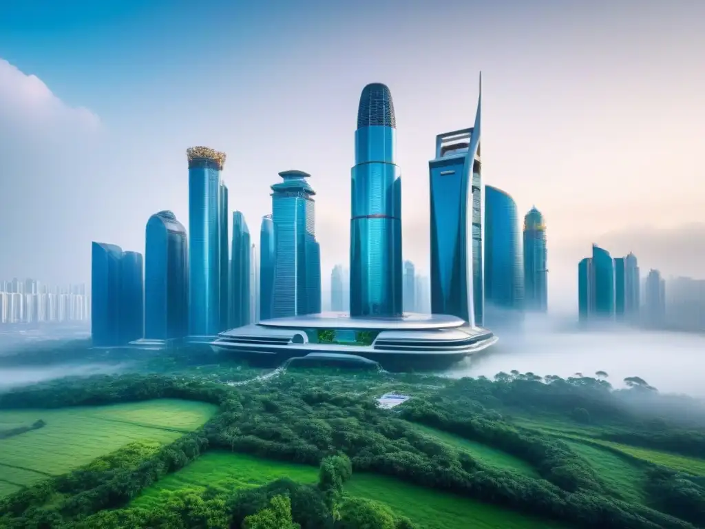 Metrópolis futurista: armonía tecnológica y natural con IA Un paisaje urbano futurista con rascacielos y vegetación, mostrando la integración de tecnología y naturaleza en una metrópolis