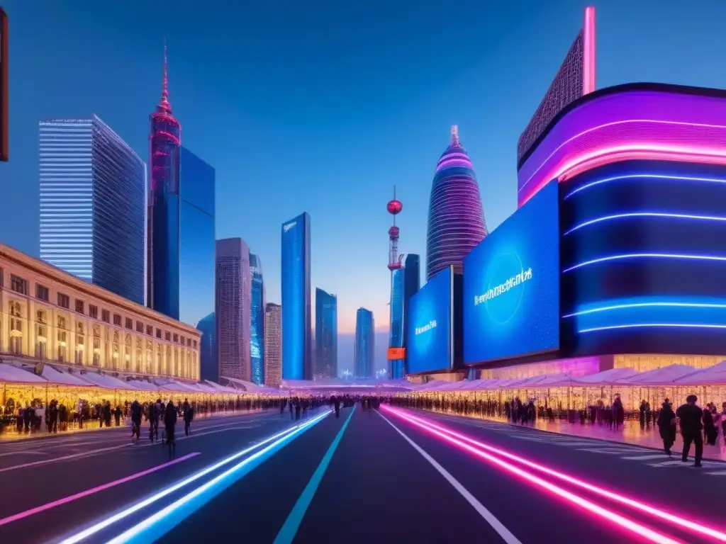 Metrópolis futurista: luces neón y tecnología avanzada Un paisaje urbano futurista al anochecer con rascacielos de cristal reflectante iluminados por luces neón