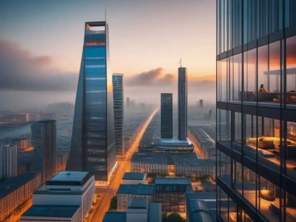 Vertical Living: Elegante rascacielos en ciudad vibrante Un paisaje urbano futurista con un rascacielos moderno y vanguardista, reflejando la vida en la ciudad