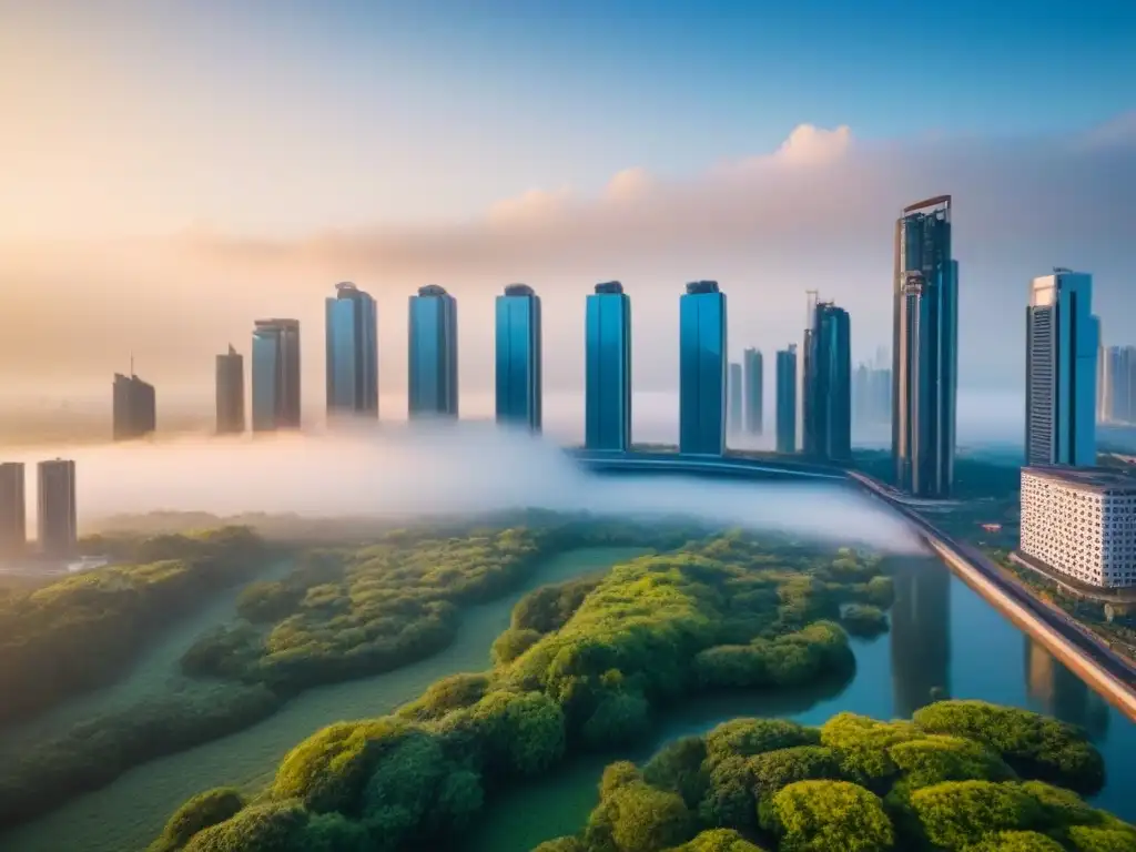 Metrópolis futurista: cielo, rascacielos y vegetación en armonía Un paisaje urbano futurista con rascacielos innovadores, puentes aéreos y vegetación exuberante, iluminado por el sol poniente