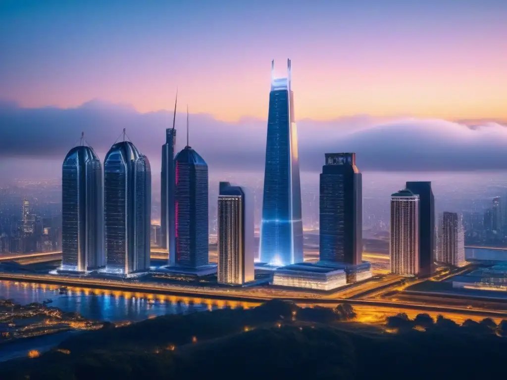 Horizonte futurista: ciudad innovadora con rascacielos modernos iluminados Un paisaje urbano futurista al anochecer, con rascacielos modernos iluminados con luces vibrantes