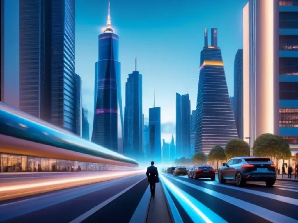 Metrópolis futurista: modernidad y tecnología en 8k Un paisaje urbano futurista con rascacielos modernos y sistemas de transporte avanzados integrados