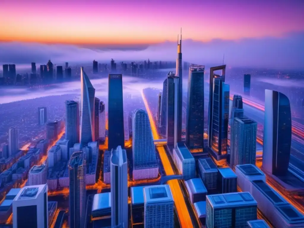 Metrópolis futurista: atardecer entre rascacielos de cristal y acero Un paisaje urbano futurista con rascacielos de vidrio y acero, autos voladores y monorraíles, bajo un cielo anaranjado