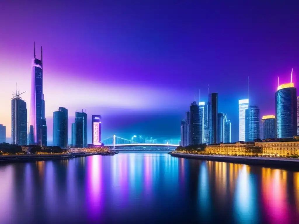 Futurista ciudad nocturna: innovación y tecnología urbana Un paisaje urbano futurista al anochecer con rascacielos iluminados por luces neón, reflejados en el agua, muestra un mercado inmobiliario avanzado