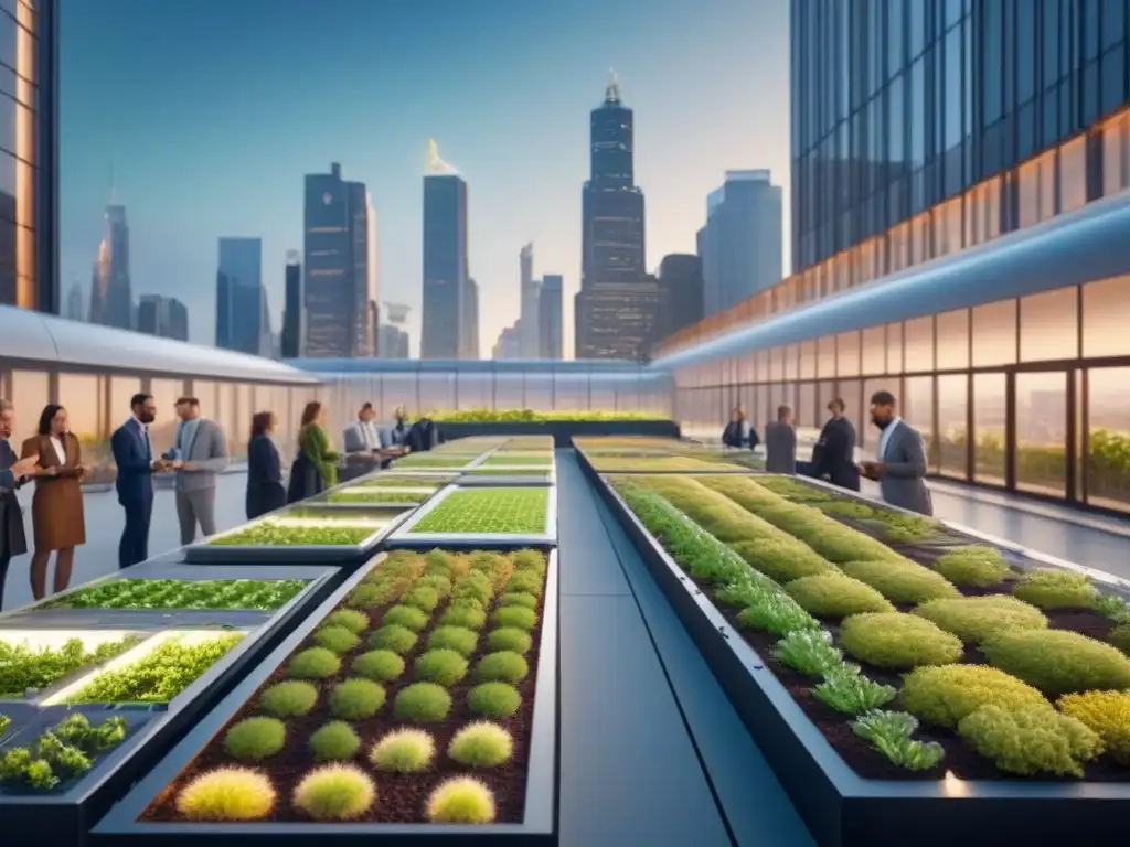Metrópolis sostenible: innovación y colaboración en el futuro urbano Un paisaje urbano futurista y sostenible con profesionales realizando investigación de mercado en espacios comerciales innovadores
