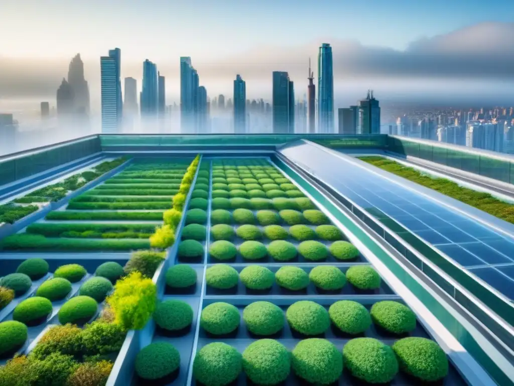 Horizonte urbano futurista con techos verdes en ciudad sostenible Un paisaje urbano futurista con techos verdes en edificaciones sostenibles