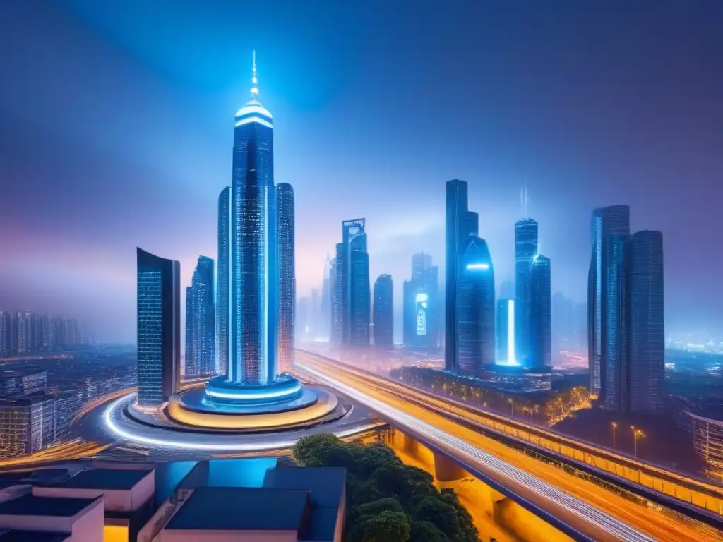Metrópolis futurista: integración de IA en la ciudad Un paisaje urbano futurista al anochecer, con tecnología IA integrada en edificios y sistemas de tráfico inteligentes