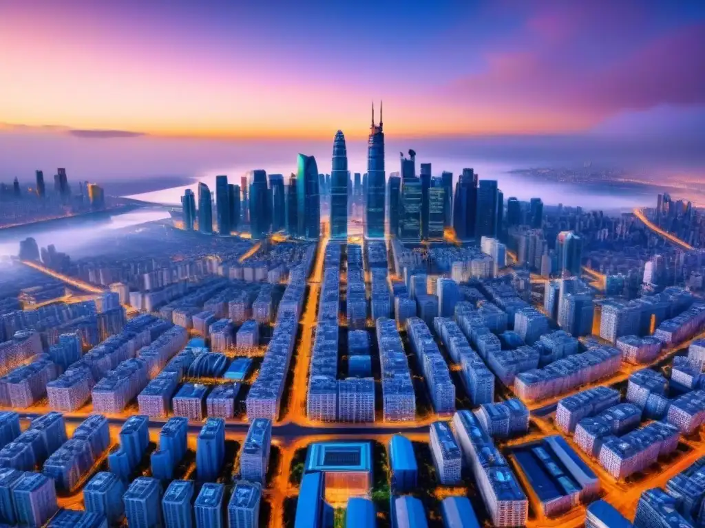 Metrópolis futurista: real estate digital con tecnología avanzada Un paisaje urbano futurista con tecnología integrada en edificios inmobiliarios