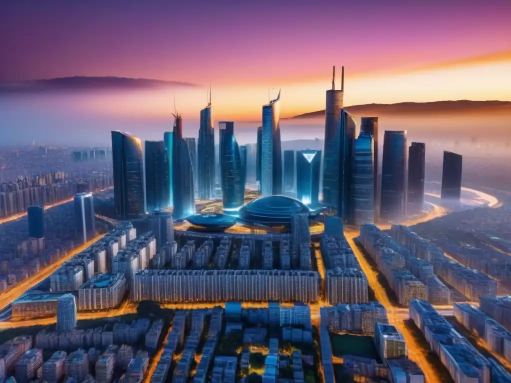 Metrópolis futurista: skyline 8k ultra detallado Un paisaje urbano futurista con innovación tecnológica para inversión inmobiliaria