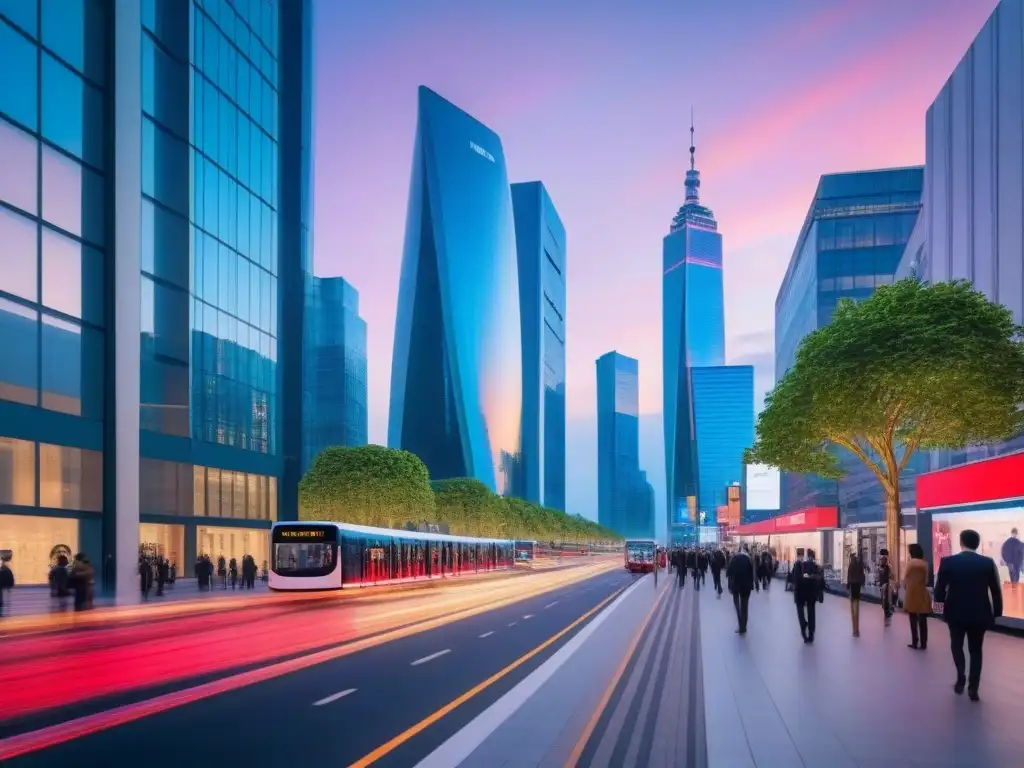 Metrópolis futurista: innovación y diversidad en la vida urbana Un paisaje urbano futurista y vibrante al anochecer, con rascacielos iluminados por luces LED y una bulliciosa calle