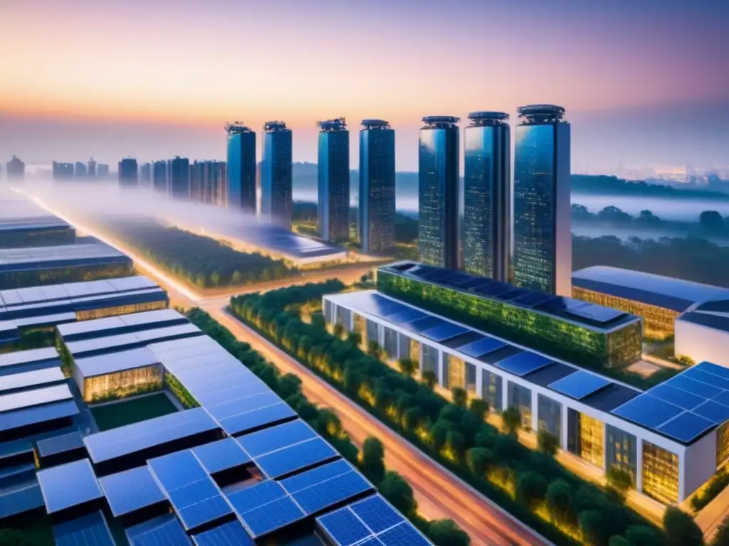 Metrópolis futurista ecoamigable al atardecer Un paisaje urbano futurista y vibrante al anochecer, con tecnología verde avanzada en rascacielos