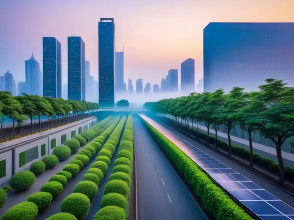 Metrópolis sostenible: ciudad futurista con energía verde Un paisaje urbano futurista y vibrante al anochecer, con desarrollo urbano sostenible y estrategias ecoamigables