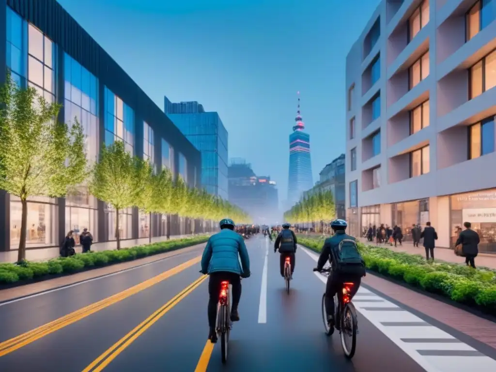 Cityscape sostenible y futurista al atardecer Un paisaje urbano futurista vibrante al anochecer con edificios certificados verdes, jardines en azoteas y paneles solares
