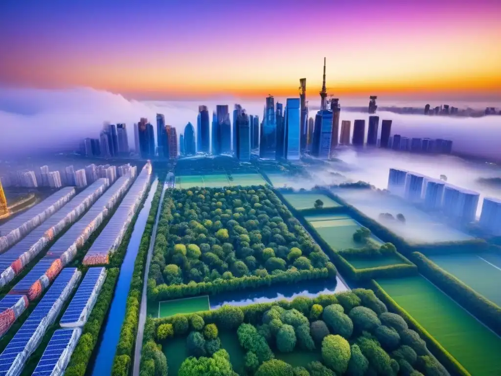 Metrópolis futurista y sostenible al atardecer Un paisaje urbano futurista y vibrante al atardecer, con rascacielos sostenibles y tecnologías para minimizar la huella de carbono