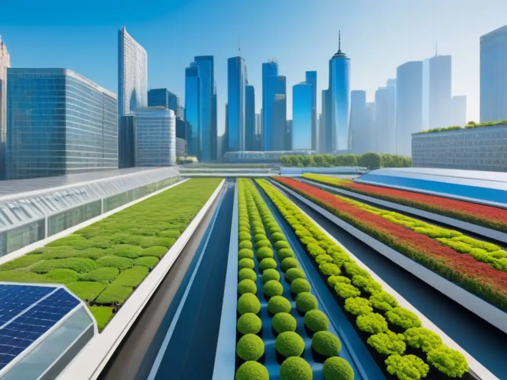 Metrópolis ecoamigable del futuro: diseño urbano sostenible y vibrante Un paisaje urbano futurista vibrante con elementos de diseño urbano sostenible como techos verdes, paneles solares y jardines verticales