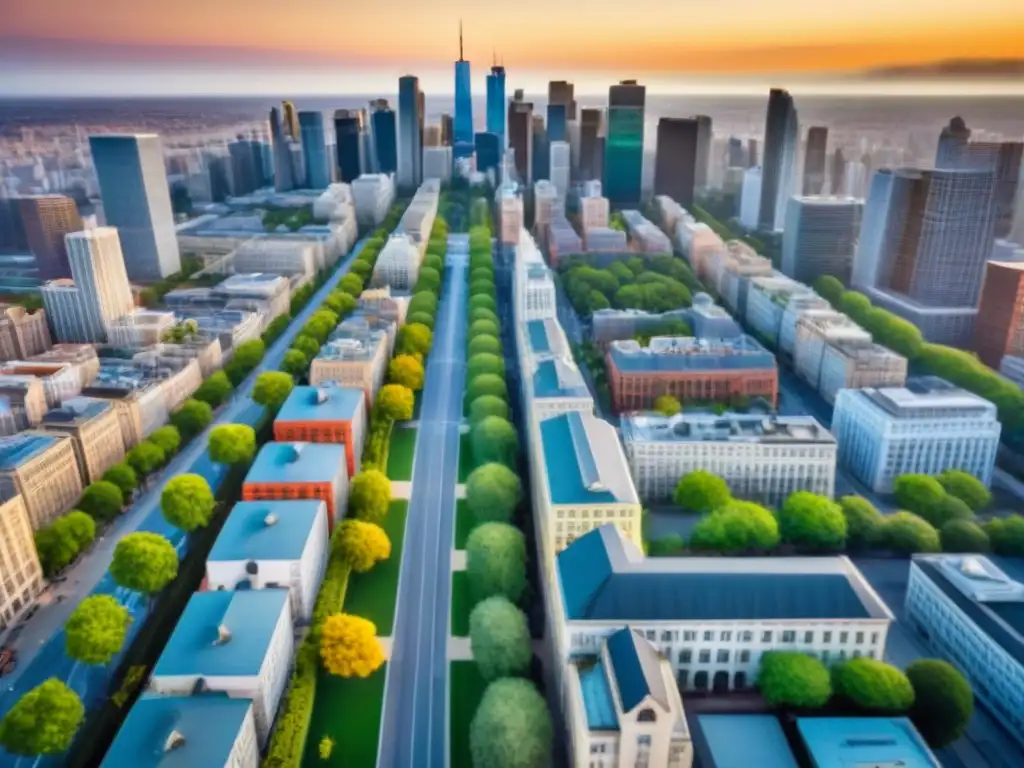 Horizonte urbano: luz dorada y sombras en contraste al atardecer Un paisaje urbano hipnotizante al atardecer con rascacielos modernos y arquitectura histórica, parques verdes y calles bulliciosas
