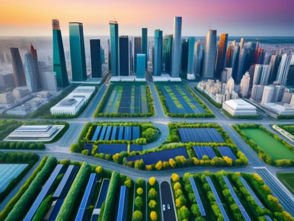 Vista aérea impresionante de ciudad sostenible Un paisaje urbano moderno que refleja una armoniosa fusión de naturaleza y arquitectura, destacando la sostenibilidad y las regulaciones de conservación inmobiliaria