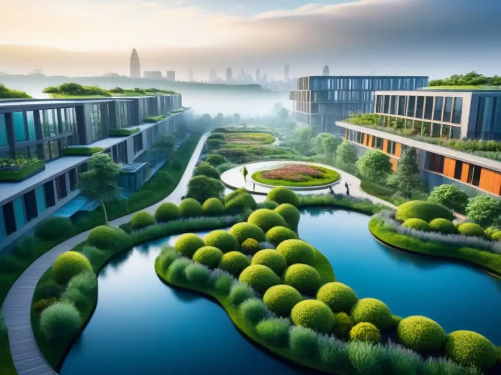 Arquitectura eco en paisaje urbano y natural Un paisaje urbano moderno y ecológico, donde la resiliencia climática restaura la armonía entre ciudad y naturaleza