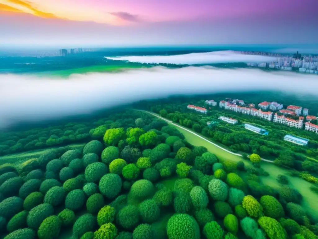 Arquitectura ecofriendly en armonía con la naturaleza Un paisaje urbano moderno con parques verdes y edificios ecoamigables, destacando la infraestructura verde en mercado inmobiliario