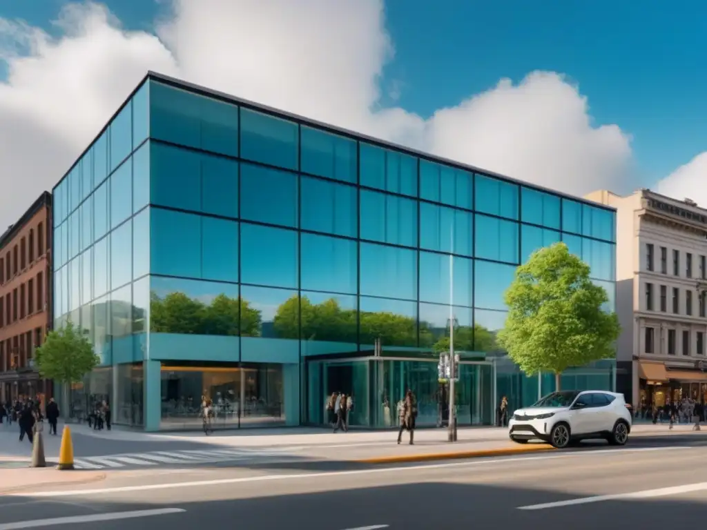 Esquina urbana moderna: edificio comercial elegante en ciudad vibrante Un paisaje urbano moderno con Permisos para espacios comerciales multifuncionales, lleno de vida y diversidad