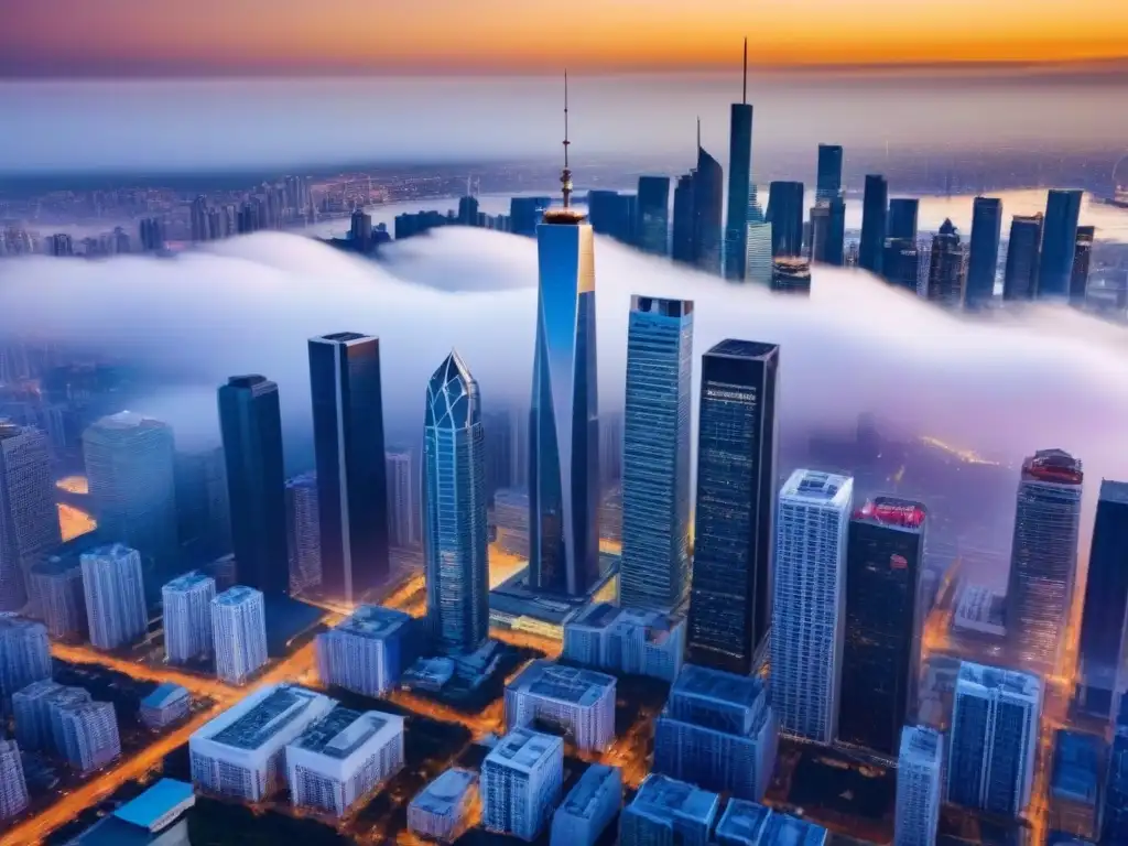 Vista aérea impresionante de una ciudad moderna al atardecer Un paisaje urbano moderno con rascacielos, reflejando la ciudad vibrante