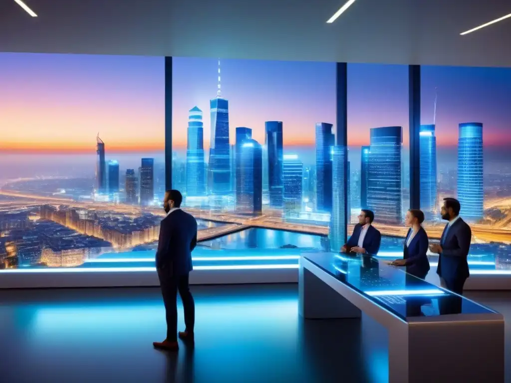 Cityscape sostenible: tecnología e innovación financiera Un paisaje urbano nocturno con tecnología en inversiones sostenibles inmobiliarias