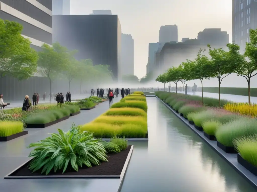 Transformación urbana: de concreto a oasis verde en metrópolis Transformación de paisaje urbano a parque verde en área metropolitana, destacando restauración de paisajes en áreas metropolitanas