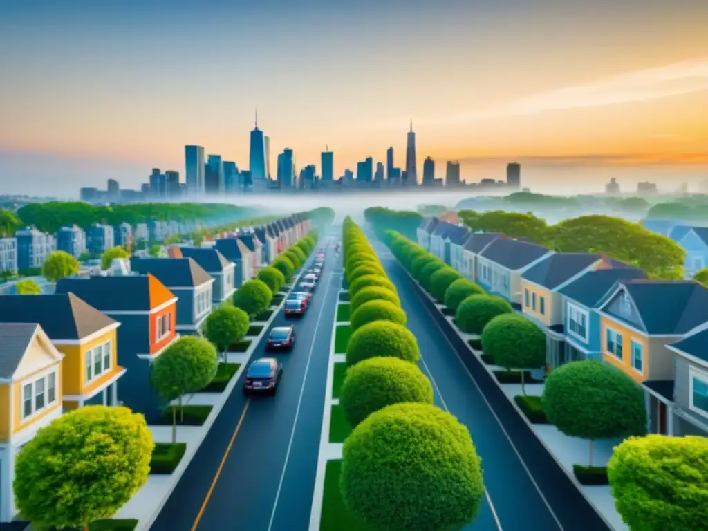 Barrio residencial moderno: oasis urbano tranquilo y verde Paisaje urbano sereno y moderno con zonas verdes y poco tráfico