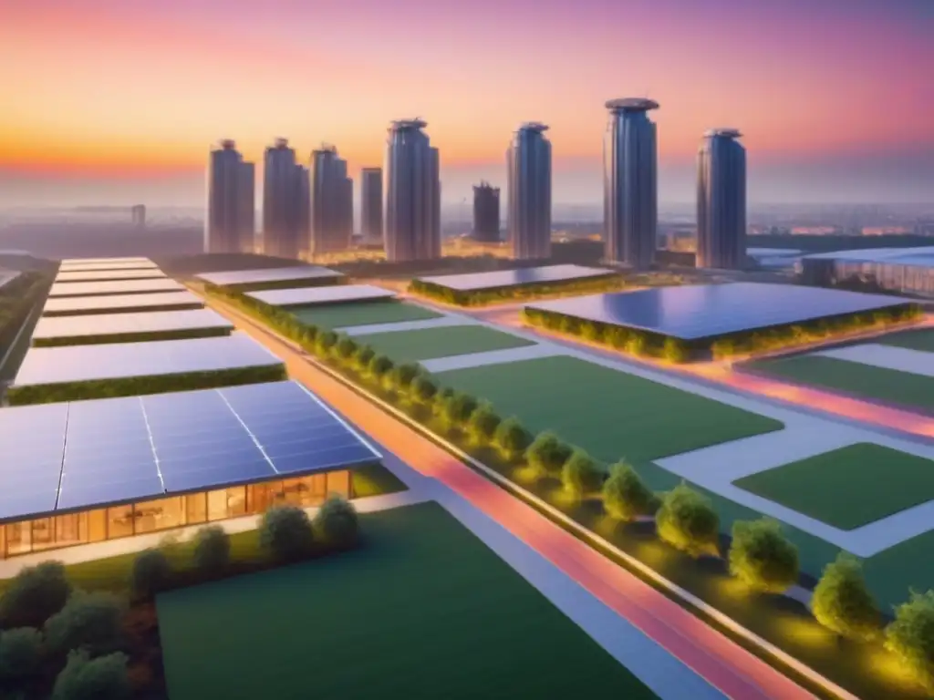 Horizonte sostenible: ciudad verde al atardecer Un paisaje urbano sostenible con innovación en desarrollo inmobiliario sostenible al anochecer