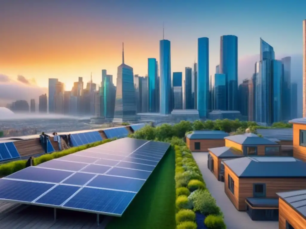 Cityscape sostenible: inversión inmobiliaria del futuro Un paisaje urbano sostenible con edificios modernos, paneles solares y techos verdes