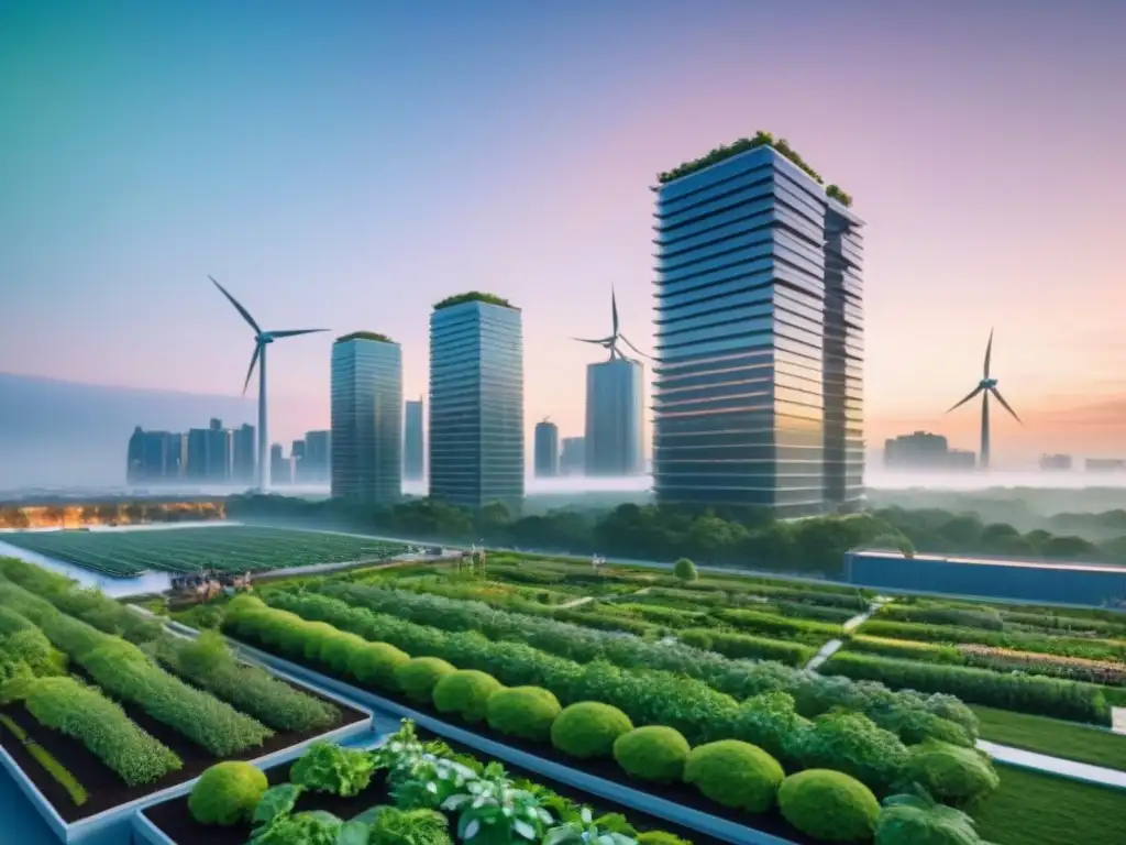 Cityscape sostenible: futuro verde y activo Un paisaje urbano sostenible futurista al atardecer con certificaciones verdes impacto salud