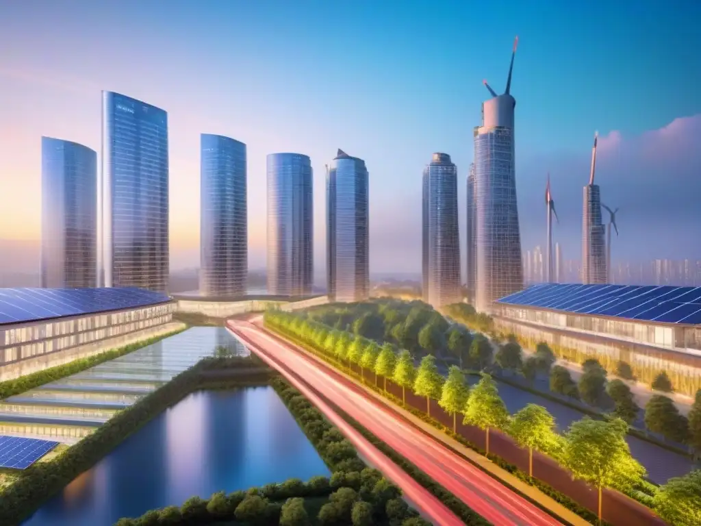Cityscape ecoinnovador: futuro sostenible en la urbe Un paisaje urbano sostenible y futurista con rascacielos verdes, energía renovable y vehículos eléctricos