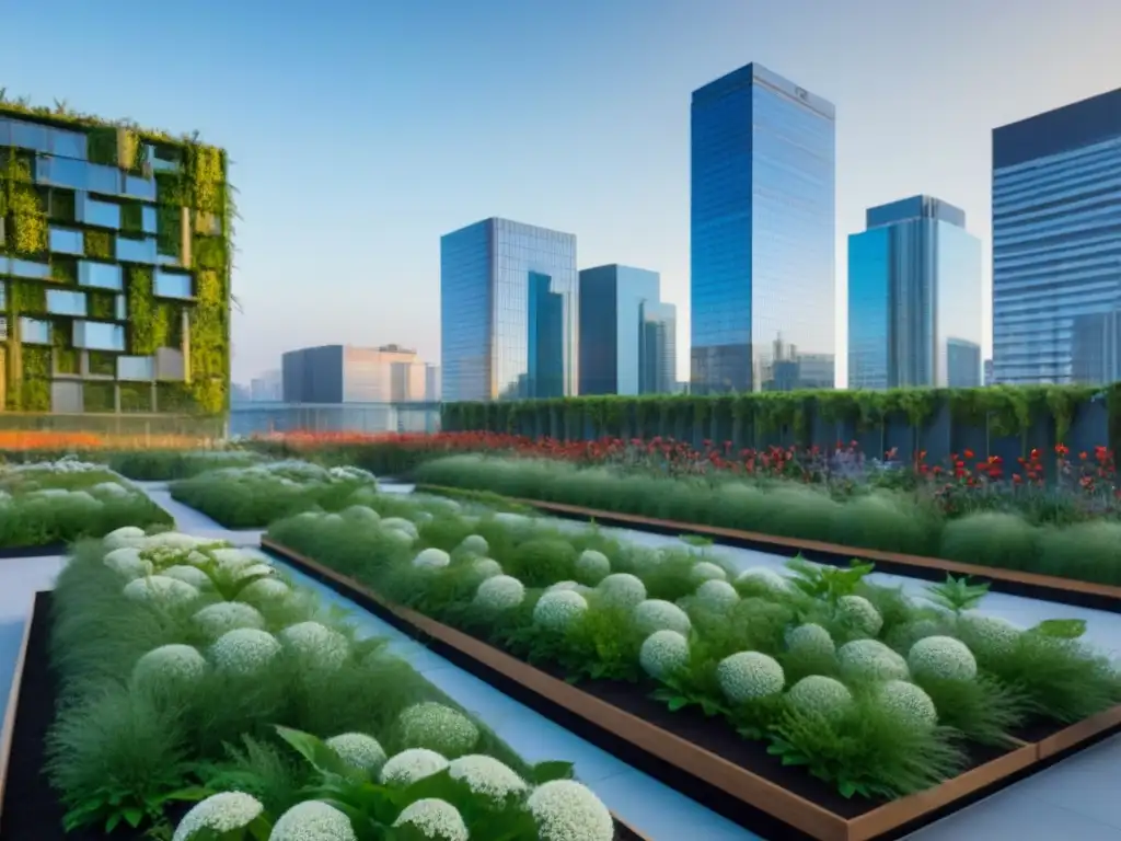 Jardines verticales y techos verdes: Naturaleza en la ciudad Un paisaje urbano sostenible con jardines en azoteas y muros verdes, integrados en la arquitectura moderna