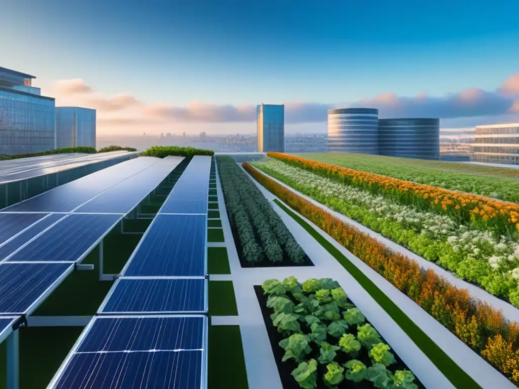 Jardines urbanos sostenibles en la ciudad moderna Un paisaje urbano sostenible con jardines en azoteas, plantas variadas y tecnologías verdes, mostrando armonía entre naturaleza y ciudad