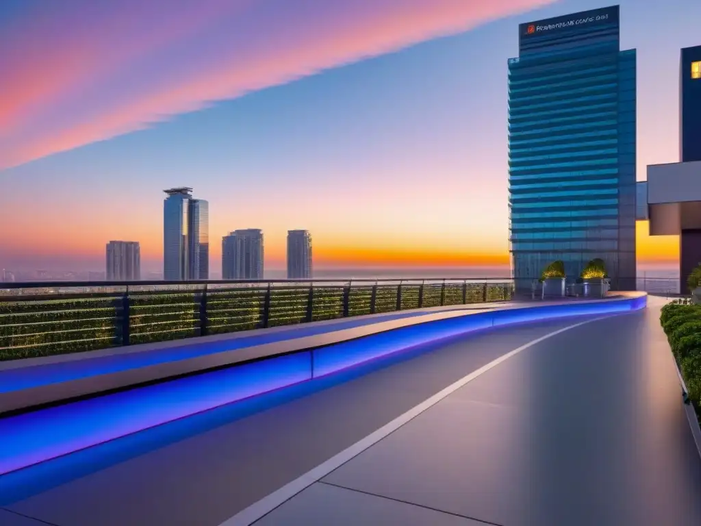 Metrópolis futurista: armonía entre rascacielos y comercios Un paisaje urbano ultramoderno con una fusión perfecta de rascacielos residenciales y centros comerciales, iluminado por luces de neón