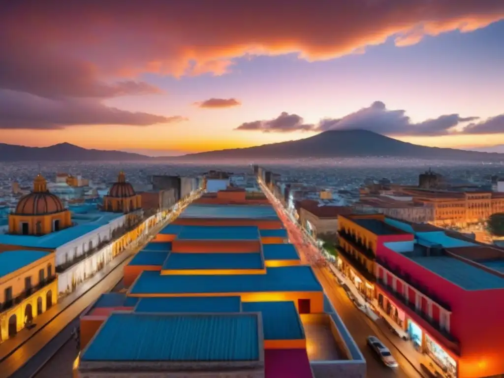 Contraste arquitectónico en ciudad mexicana: tradición y modernidad Un paisaje urbano vibrante y bullicioso en México, fusionando arquitectura tradicional y moderna