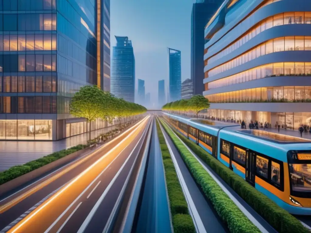 Metrópolis sostenible: paisaje urbano moderno y eficiente al atardecer Un paisaje urbano vibrante al anochecer con desarrollo urbano sostenible, destacando el equilibrio entre modernidad y naturaleza