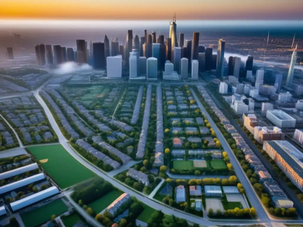 Desarrollo urbano: skyline vibrante y detallado Un paisaje urbano vibrante y detallado que muestra las leyes de zonificación en restauración en acción, con diversos espacios y arquitectura
