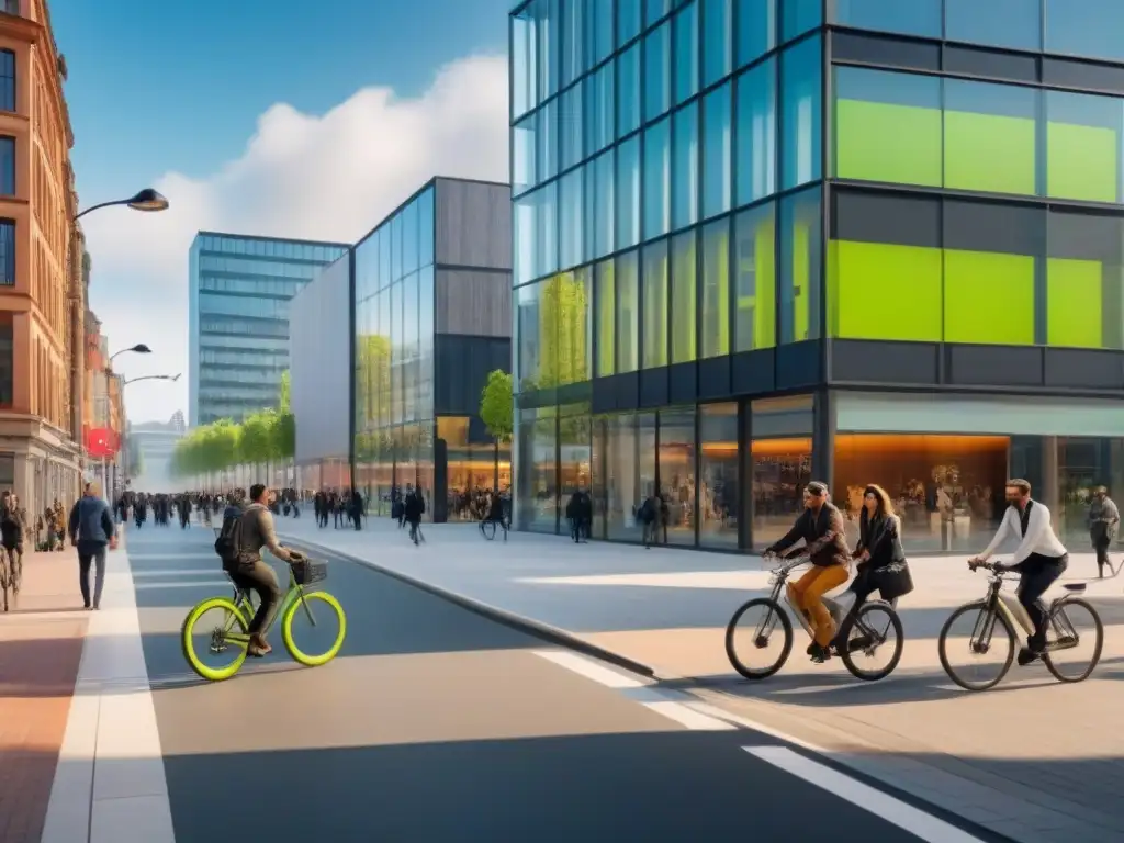 Escena urbana vibrante: edificio comercial moderno y diversidad en actividades Un paisaje urbano vibrante con un edificio comercial moderno y diversidad de personas disfrutando de las múltiples actividades