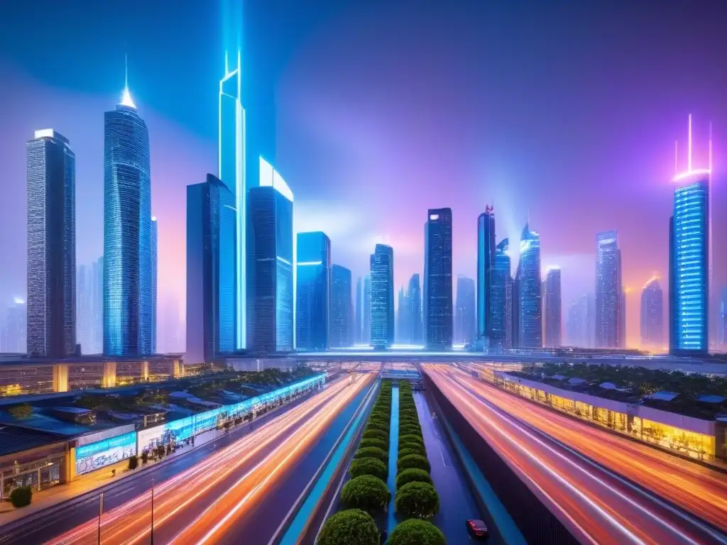 Metrópolis futurista: impacto de tasas negativas en bienes raíces Un paisaje urbano vibrante y futurista de noche, con rascacielos elegantes y diseños arquitectónicos avanzados